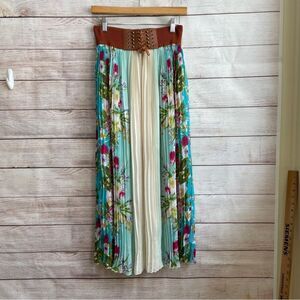 MINT GREEN BOHO FLORAL PLEATED MAXI SKIRT